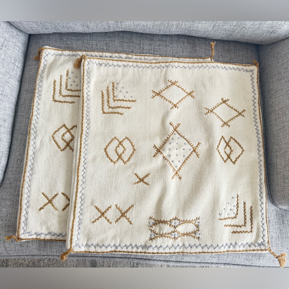Joanna Gaines for Anthropologie Cream and Tan Embroidered European Pillow Covers